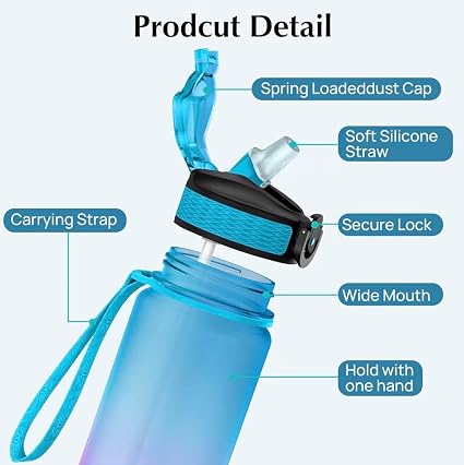 1L Motivational BPA Free Water Bottle with Straw