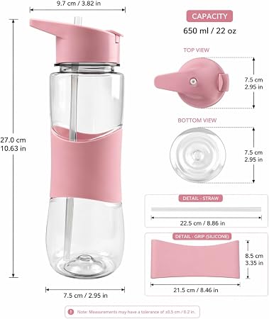 650ml Sports Water Bottle with Straw & Flip Lid